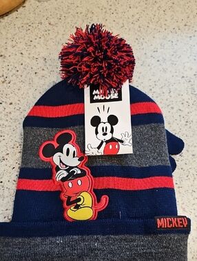 Disney Mickey Mouse Kids Pom Pom Beanie - Navy, Red, Gray. Matching Gloves.